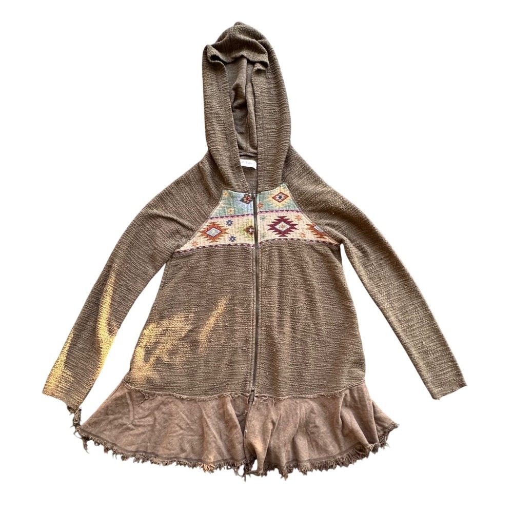 Altard State‎ Olive Aztec Print Zip Up Hoodie Cardigan Women S Ruffle Hem